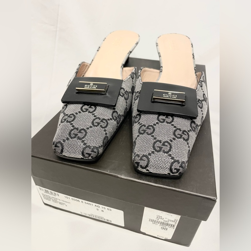 NWT GUCCI Vintage Black and Gray Loafer Monogram Sandal Slide Backless Mule 9 B